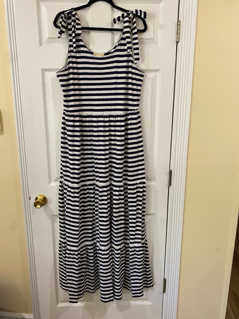 Striped Tie-Shoulder Maxi Dress in Navy and White